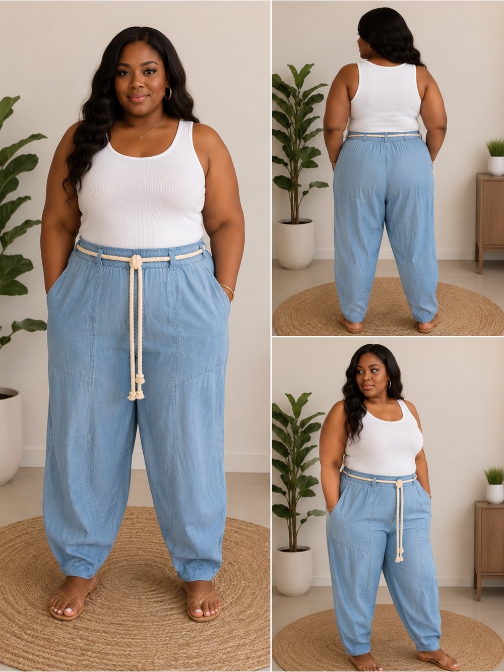 Plus Size Light Blue Wide Leg Drawstring Pants